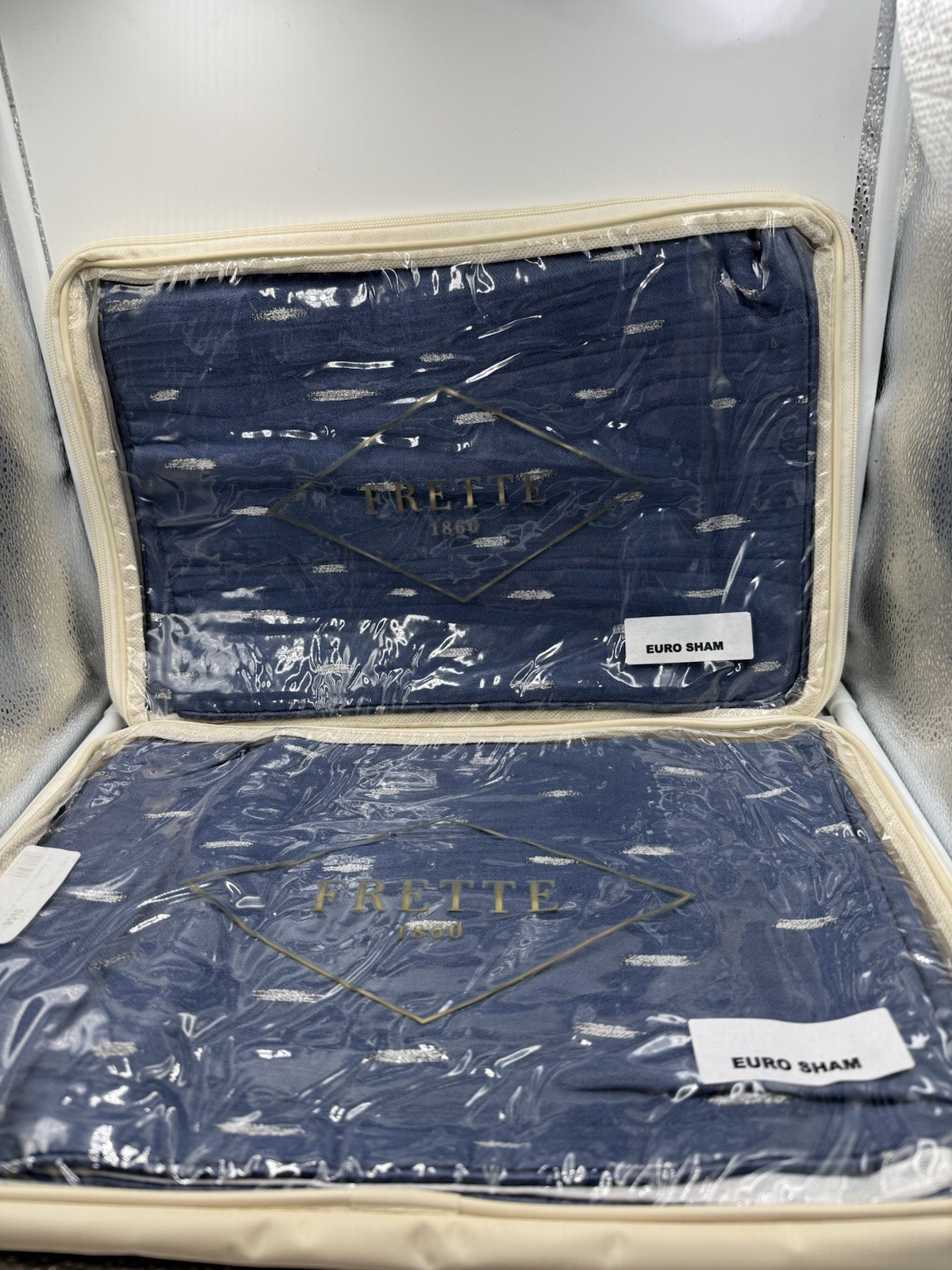 FRETTE Lux Monsoon Euro Sham (2) White/Blue 26x26 Original $475