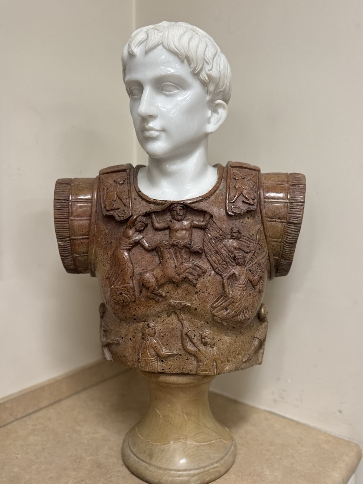 Beautiful marble bust of Caesar Augustus, the first Roman emperor.