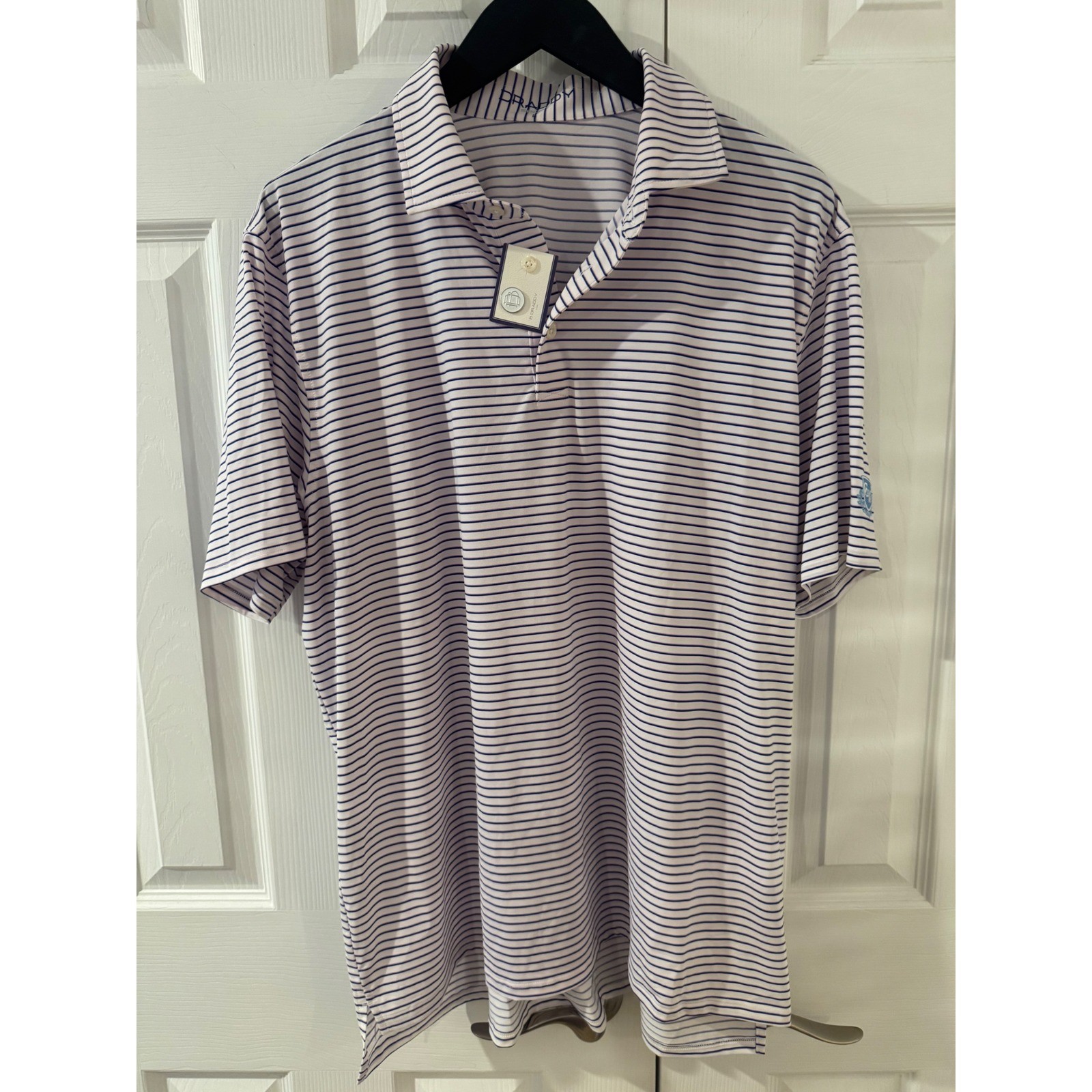 B. Draddy Sport Mens Large Purple Striped Sport Golf Polo Short Sleeve NEW