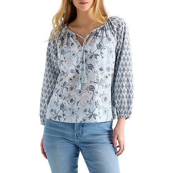 Lucky Brand Notch Collar Long Sleeve Blouse Blue Floral Women\'s Size Medium M