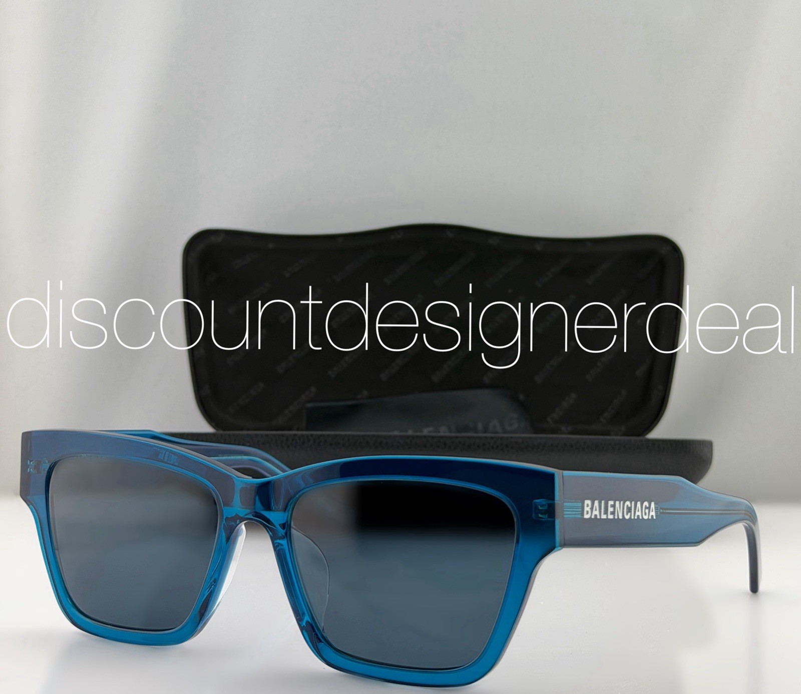 Balenciaga BB0307SA 004 Transparent Blue Grey Square Acetate Sunglasses 56mm NEW