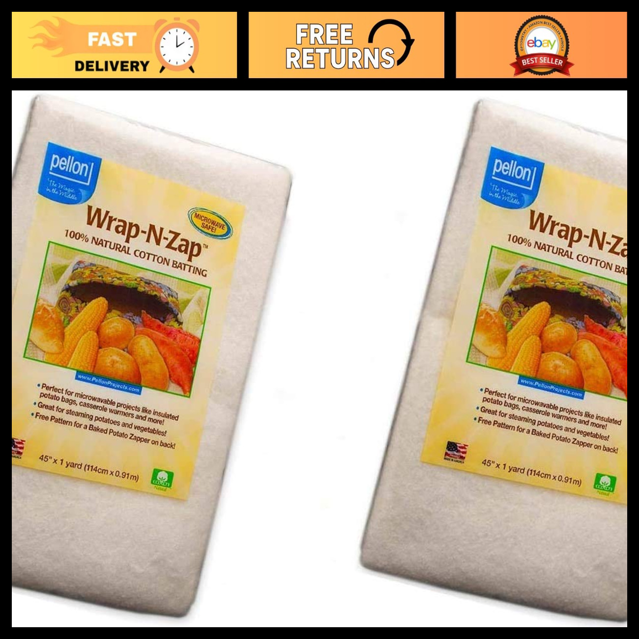Natural Cotton Quilt Batting 45x36 Inch - 2 Pack, Ideal for Quilting & Crafting