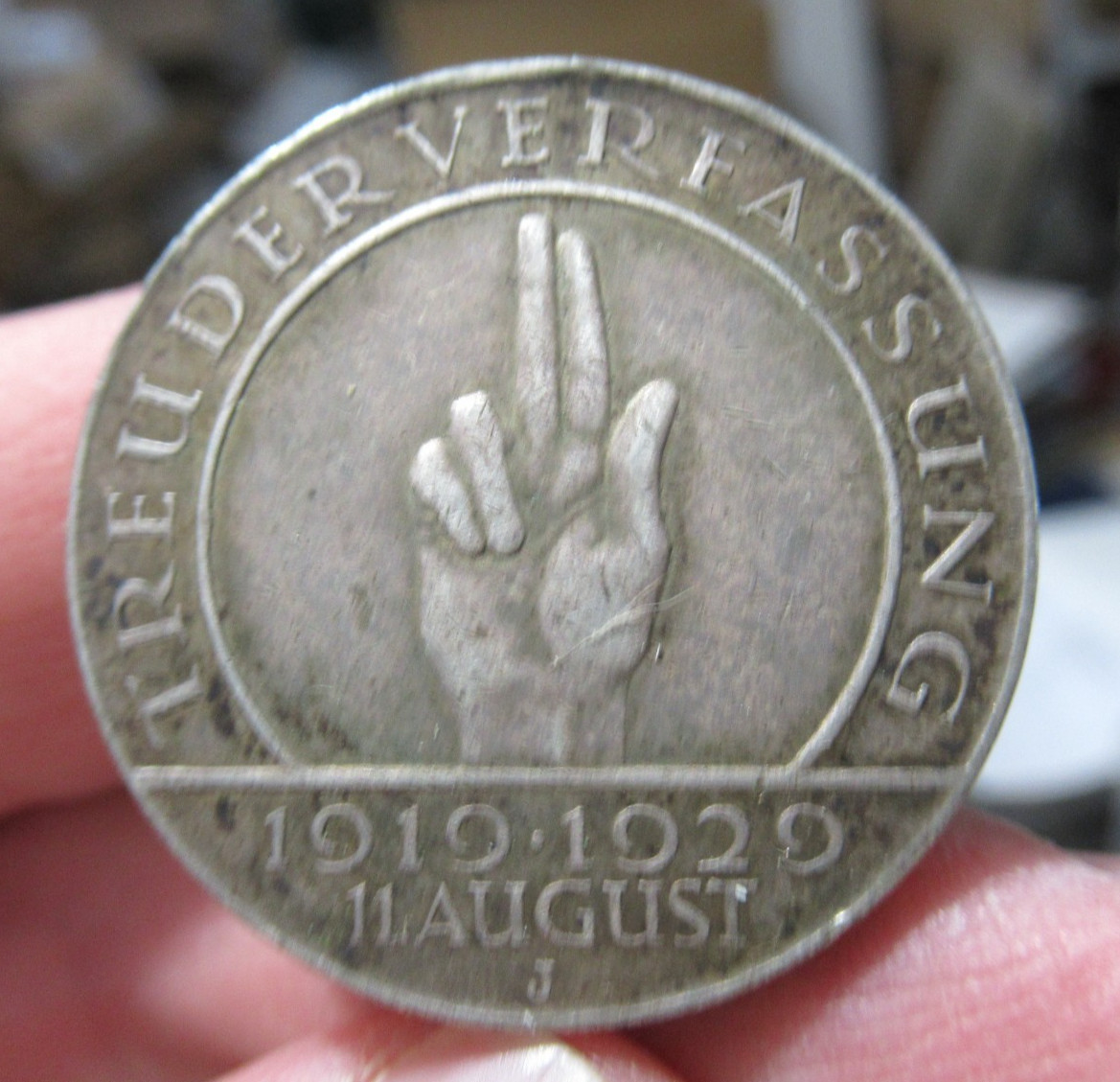 1929-J Germany 3 Reichsmark Silver Hindenburg Weimar Constitution KM#63 J340