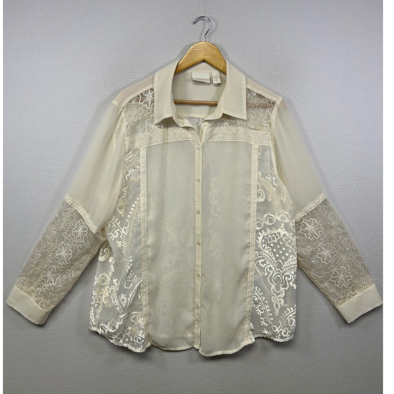 Boho Victorian Chico\'s Women 3 XL Cream Lace Burnout Sheer Button Down Blouse