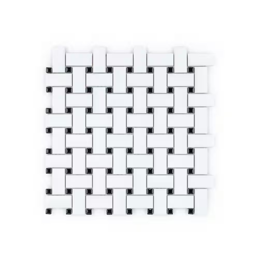 Plato Basketweave White 12 In. X 12 In. Matte and Gloss Dot Porcelain Wall and F