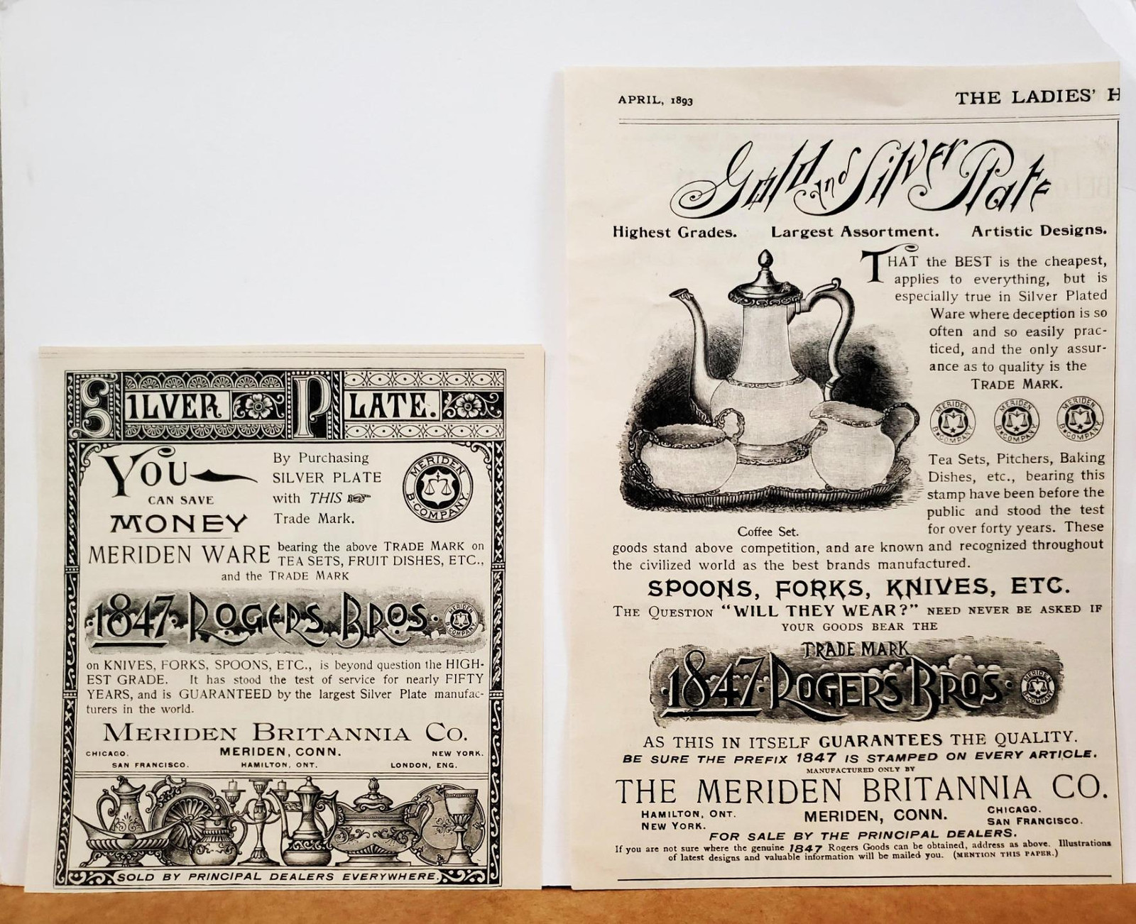 1893 Meriden Brittania Silver Plate 1847 Rogers Bros Trademark LOT 2 PRINT ADS