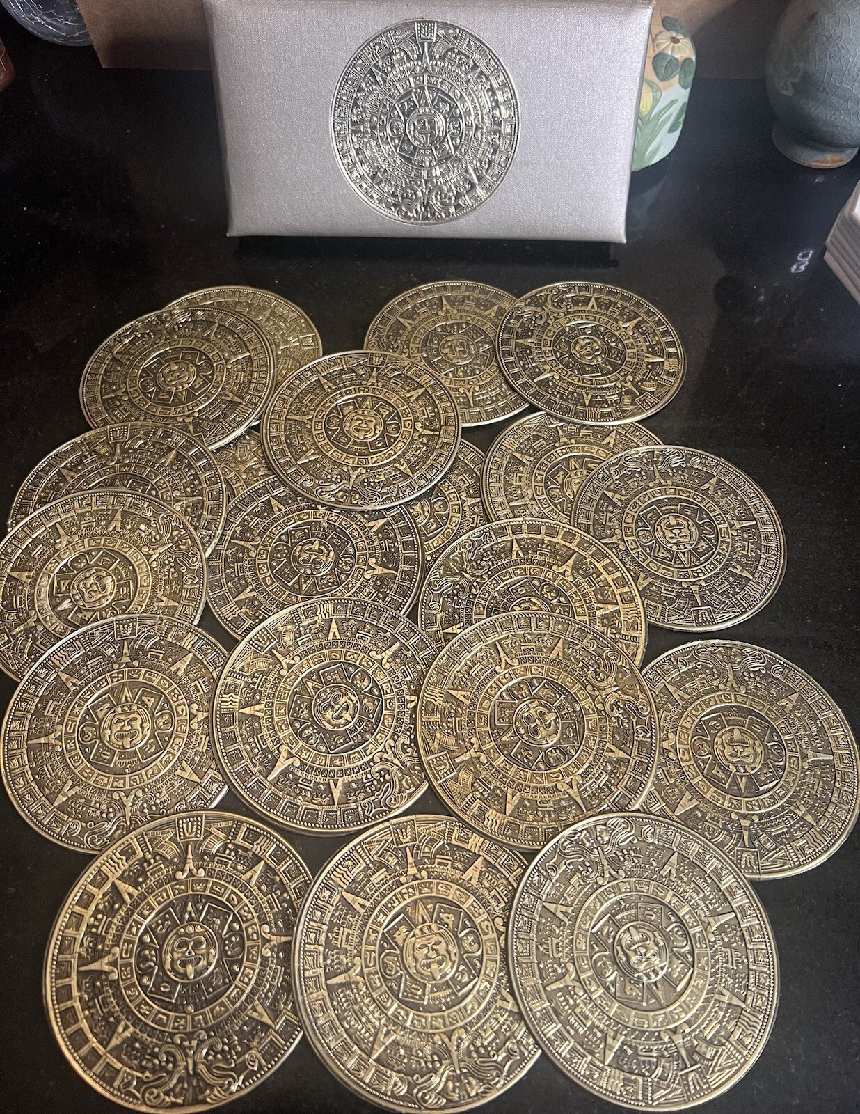 Vintage Aztec Calendar 20 Pc Coaster Set Chrysons California Smith Pacific 3 1/2 Vintage Aztec Calendar 20 Pc Coaster Set Chrysons California Smith Pacific 3 1/2