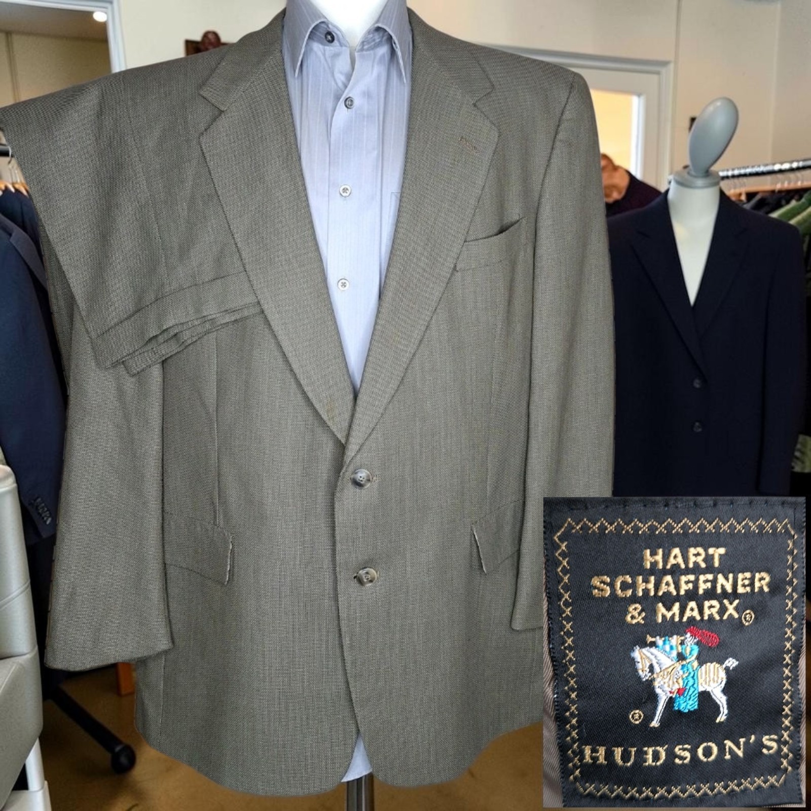 Hart Schaffner Marx 2 Piece Suit Mens 46R 38X28 Tan Nailhead SV Wool
