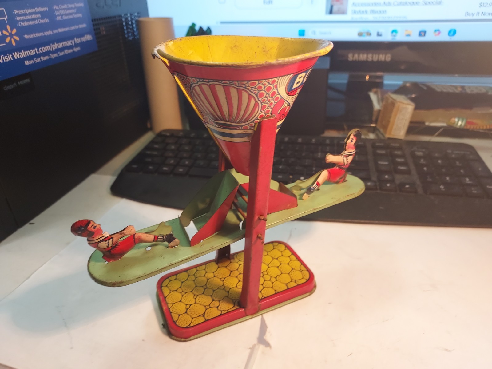 Rare Vintage 1950s J. Chein Tin Toy Lithograph See Saw Busy Mike Beach Sand Toy Rare Vintage 1950s J. Chein Tin Toy Lithograph See Saw Busy Mike Beach Sand Toy