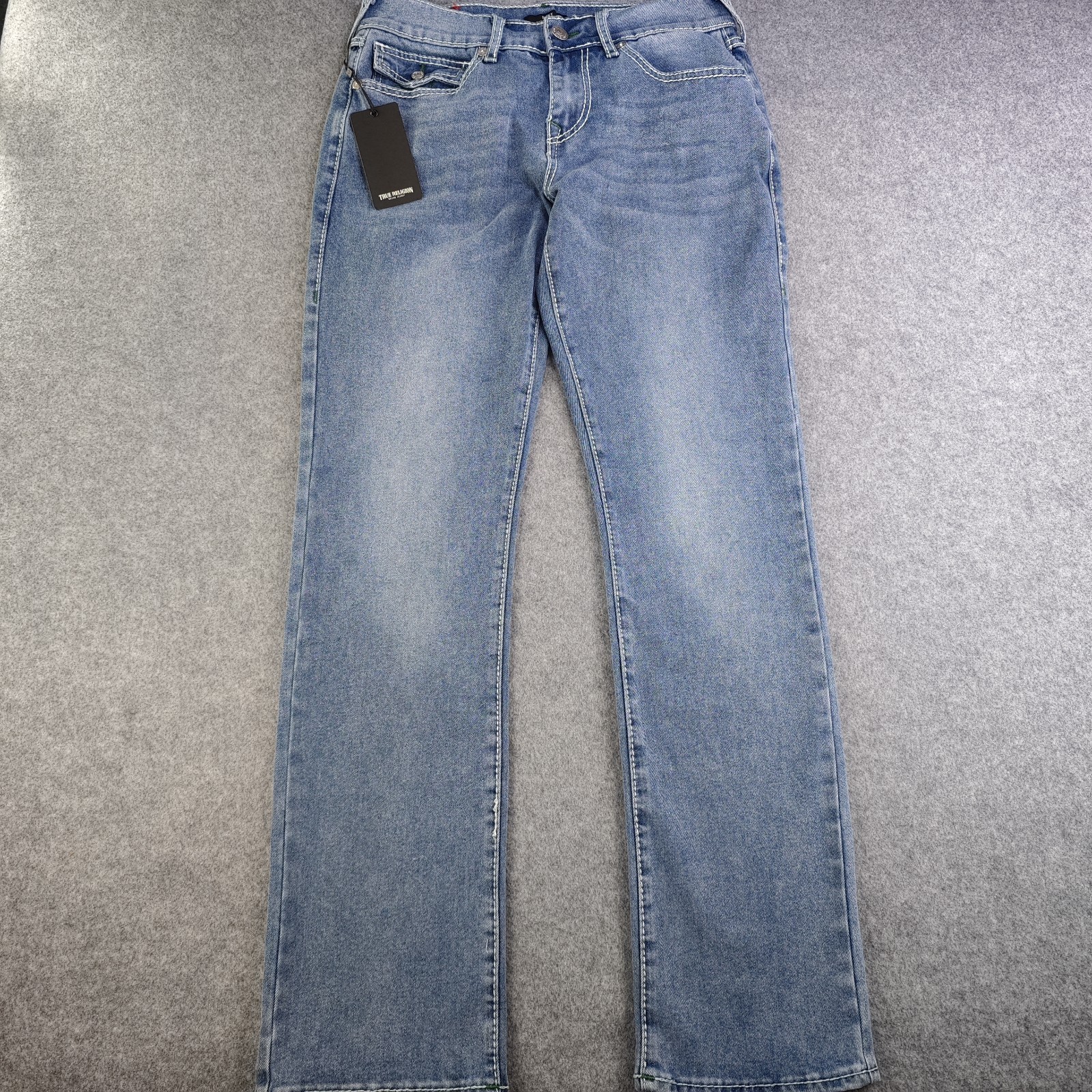 True Religion Ricky Big T Jeans Mens 30x33 Straight Leg Light Wash NWT Flap