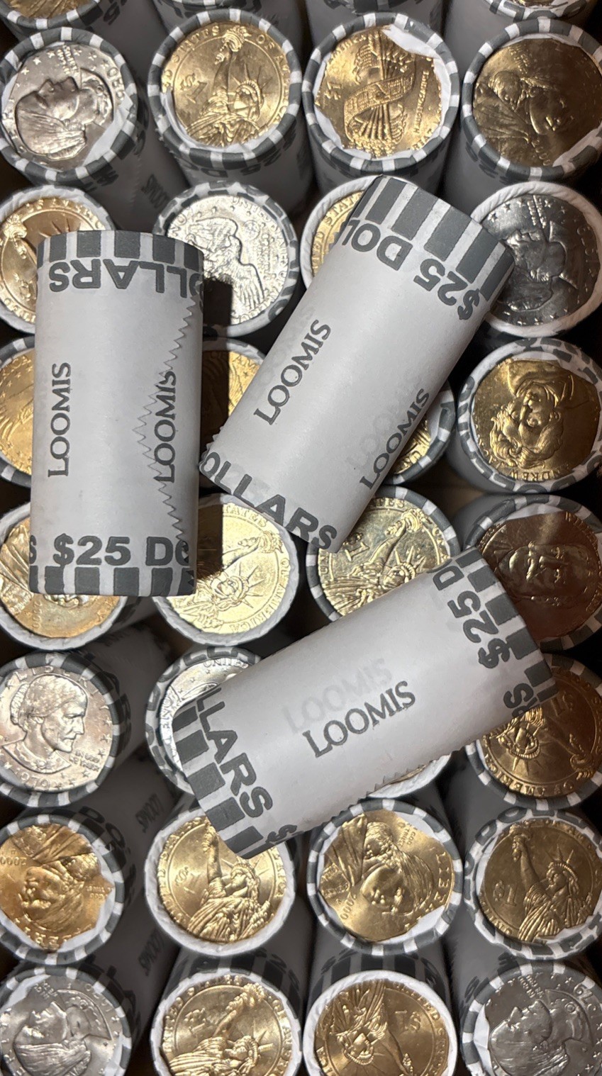 3-Sealed LOOMIS bank rolls $75 FV $1 coins Sacagawea/Susan B. Anthony/President