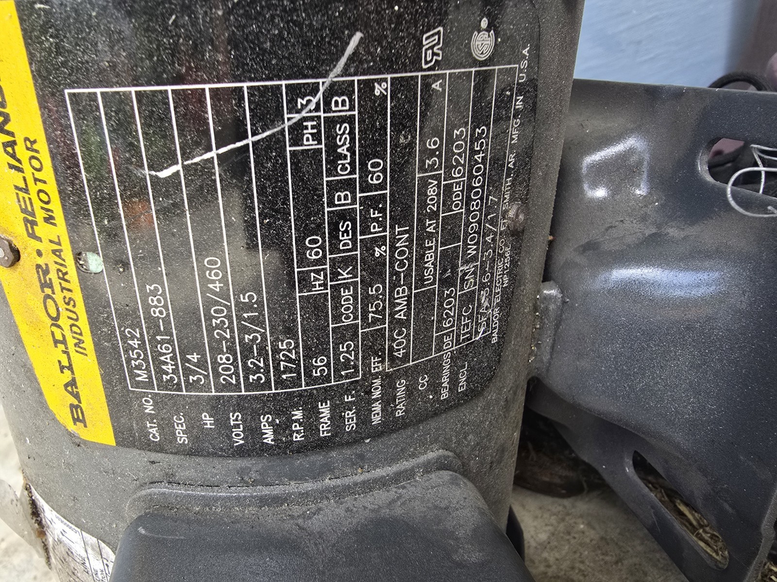 3/4 Hp 3ph 1725 Rpm 56 FRM Baldor Cat # M3542 Spec 34A61-883 3/4 Hp 3ph 1725 Rpm 56 FRM Baldor Cat # M3542 Spec 34A61-883