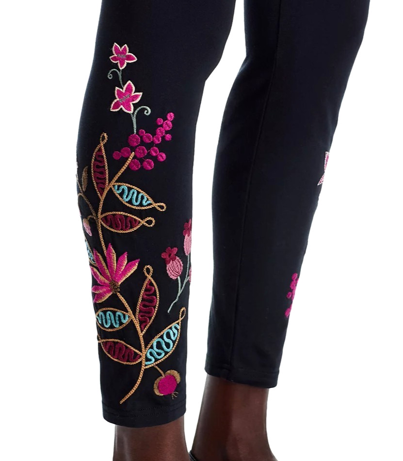 BNWT Johnny Was Penellope Floral Embroidery Stretch Cotton Leggings ⭐ Black XXL