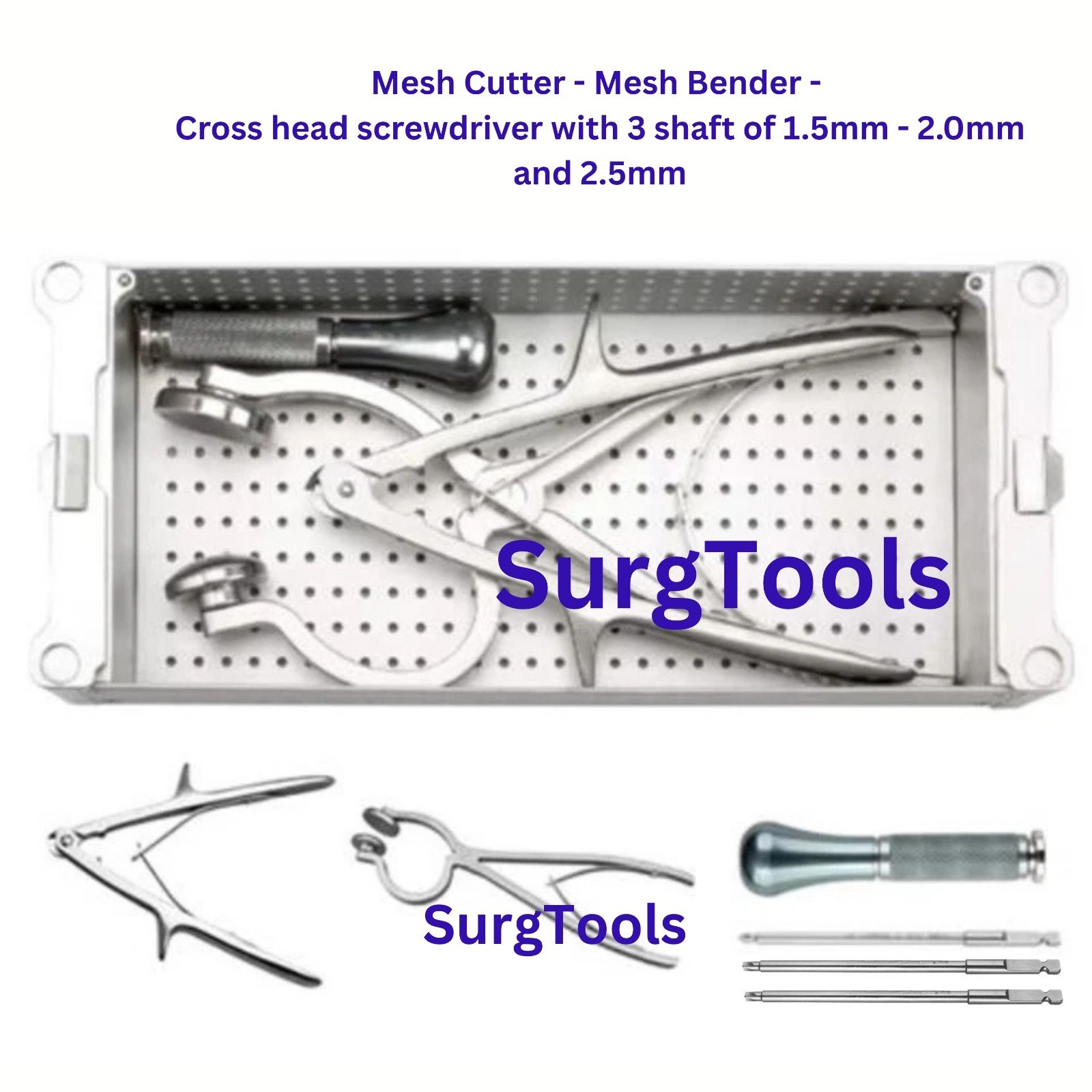 1.5mm, 2.0mm & 2.5mm Screwdriver, Mesh Plate Bender, Mesh Cutter with Box