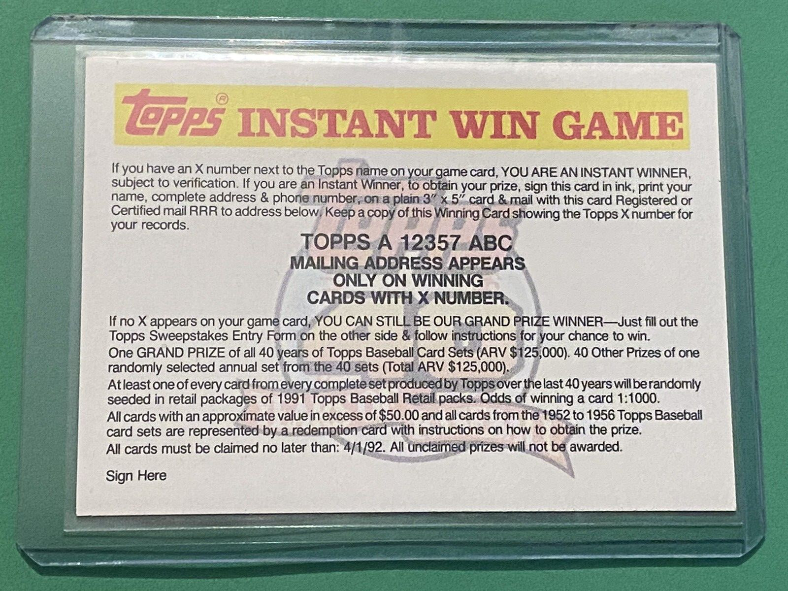 1991 Topps Baseball Instant Win Game Card A #NNO Promo Redemption MLB