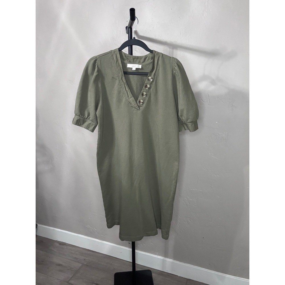 Loft Olive Green Short Puff Sleeve V-Neck Button Sweatshirt Shift Dress Large