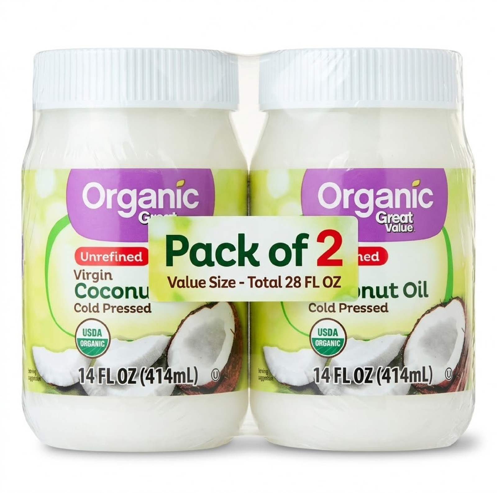 2 PK Great Value Organic Unrefined Virgin Coconut Oil, 14 fl oz 