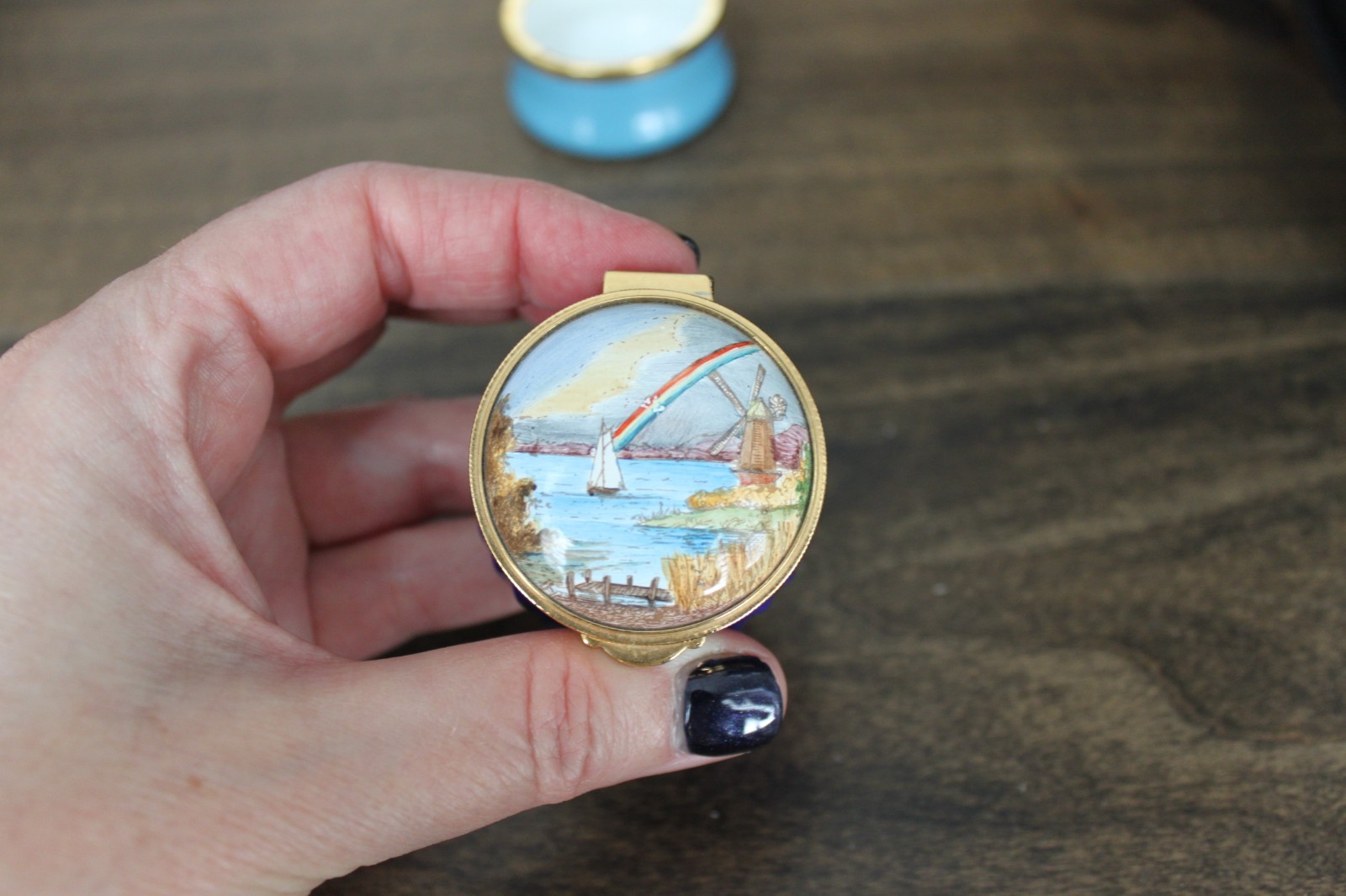 Staffordshire Enamel Box with Sailboat and Windmill Staffordshire Enamel Box with Sailboat and Windmill