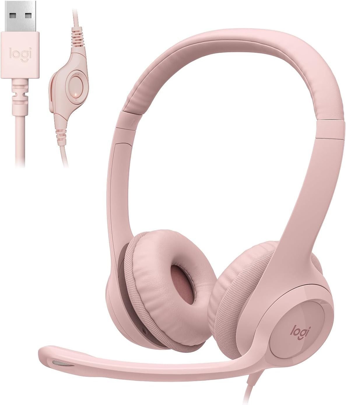 Logitech H390 Wired USB On-Ear Stereo Headphones With Mic Rose PC Laptop