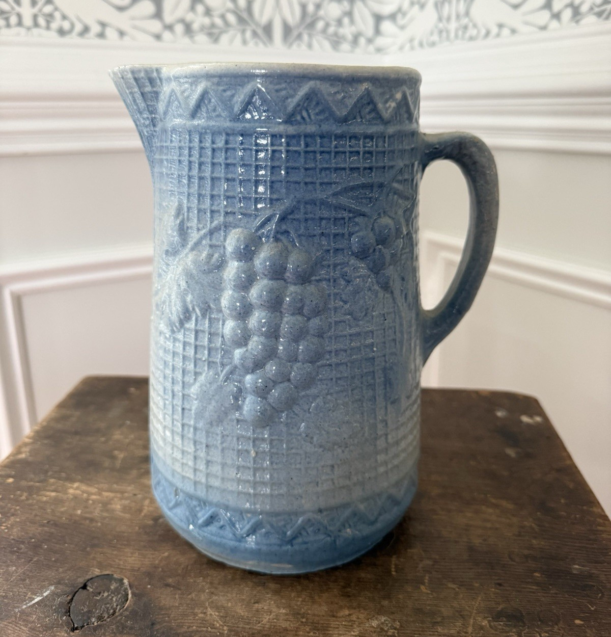 Antique North Star Stoneware Pitcher - Blue Salt Glaze Grapes & Lattice Pattern 