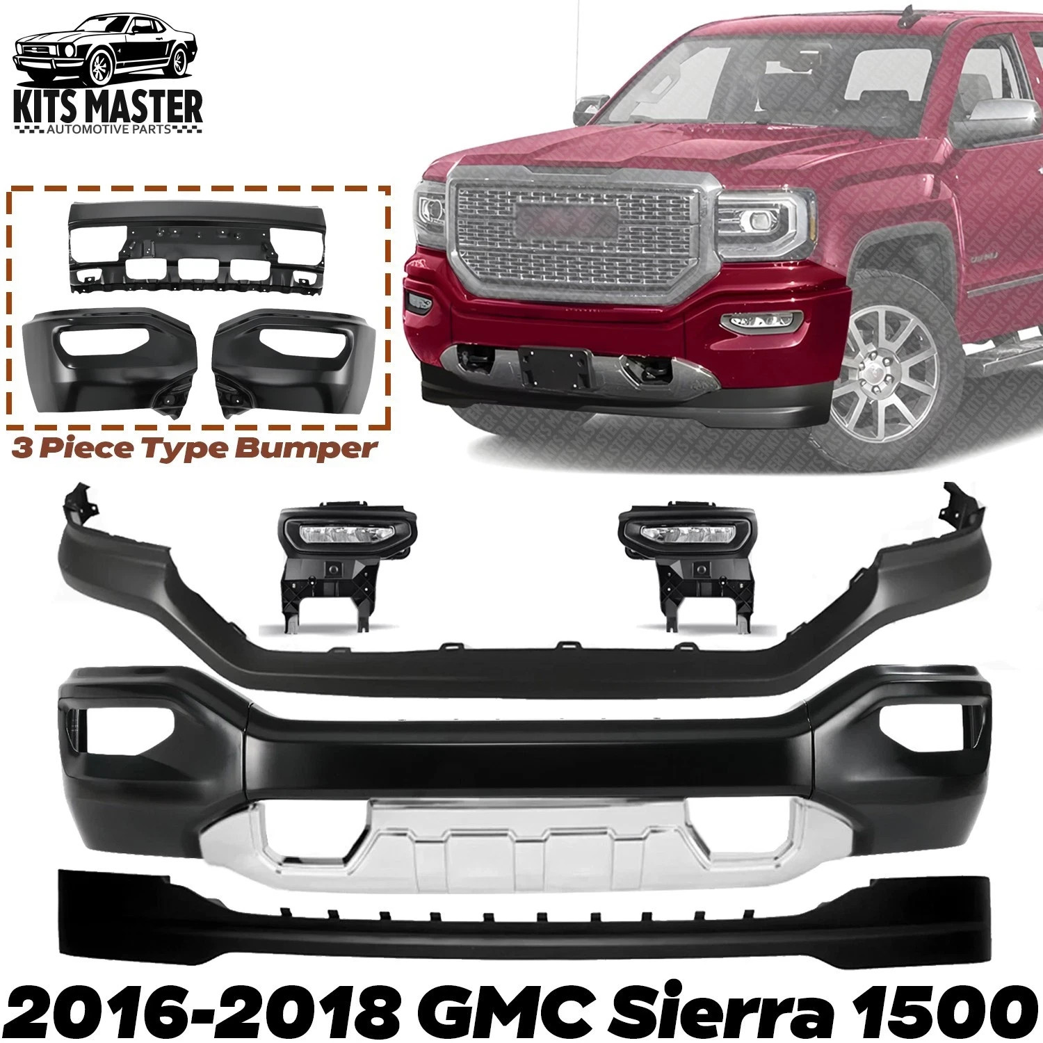 Front Bumper Paintable Steel & Fog Lights Kit For 2016-2018 GMC Sierra 1500