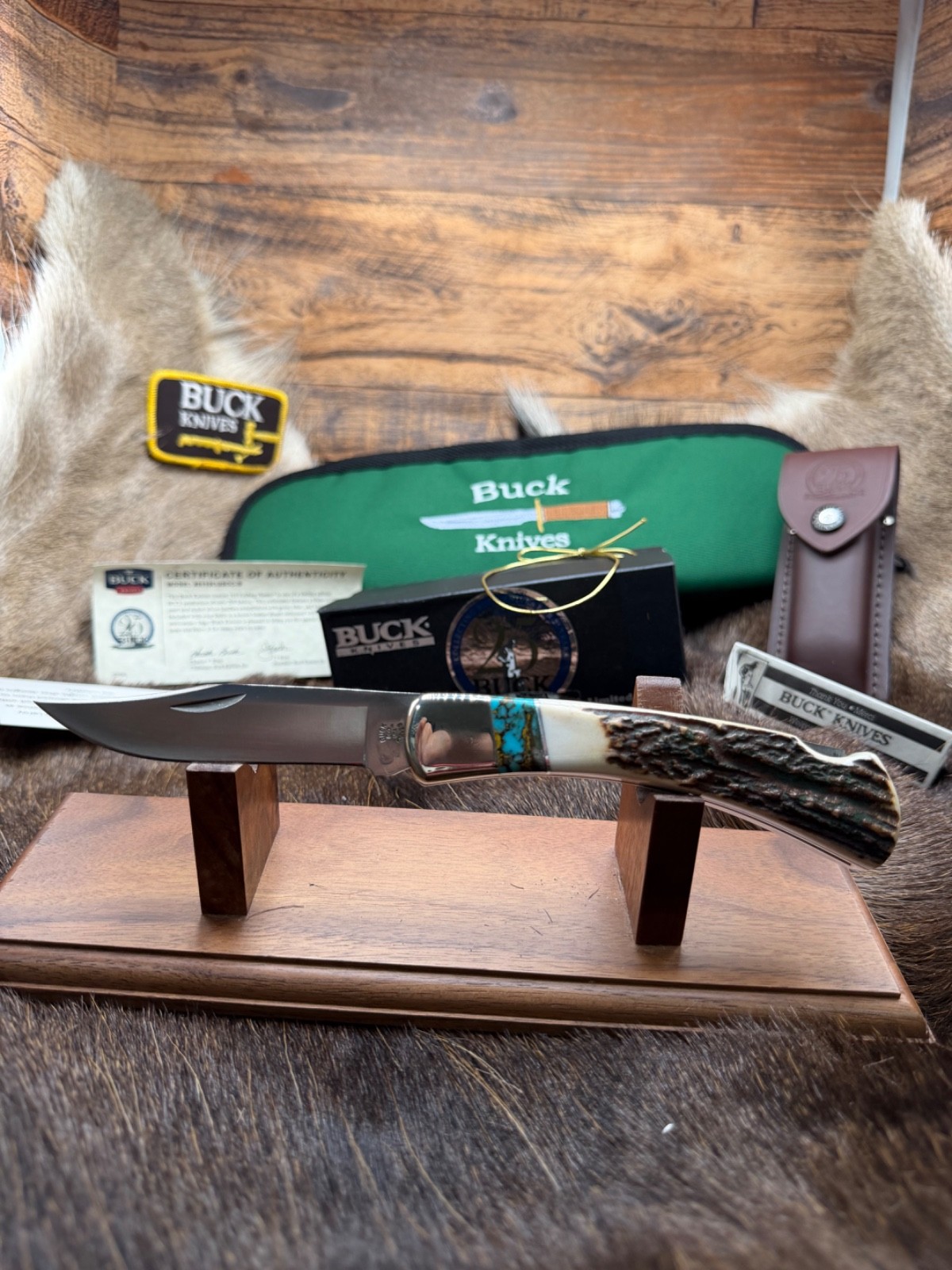 Buck 110 Knife Stag Handle Stainless Blade & Brown Leather Sheath Mint In Box