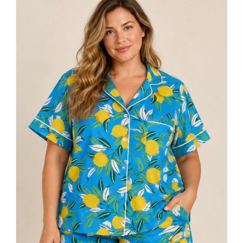 Printfresh Lemon Zest Organic Cotton Pajama Top 1X Blue Yellow TOP ONLY