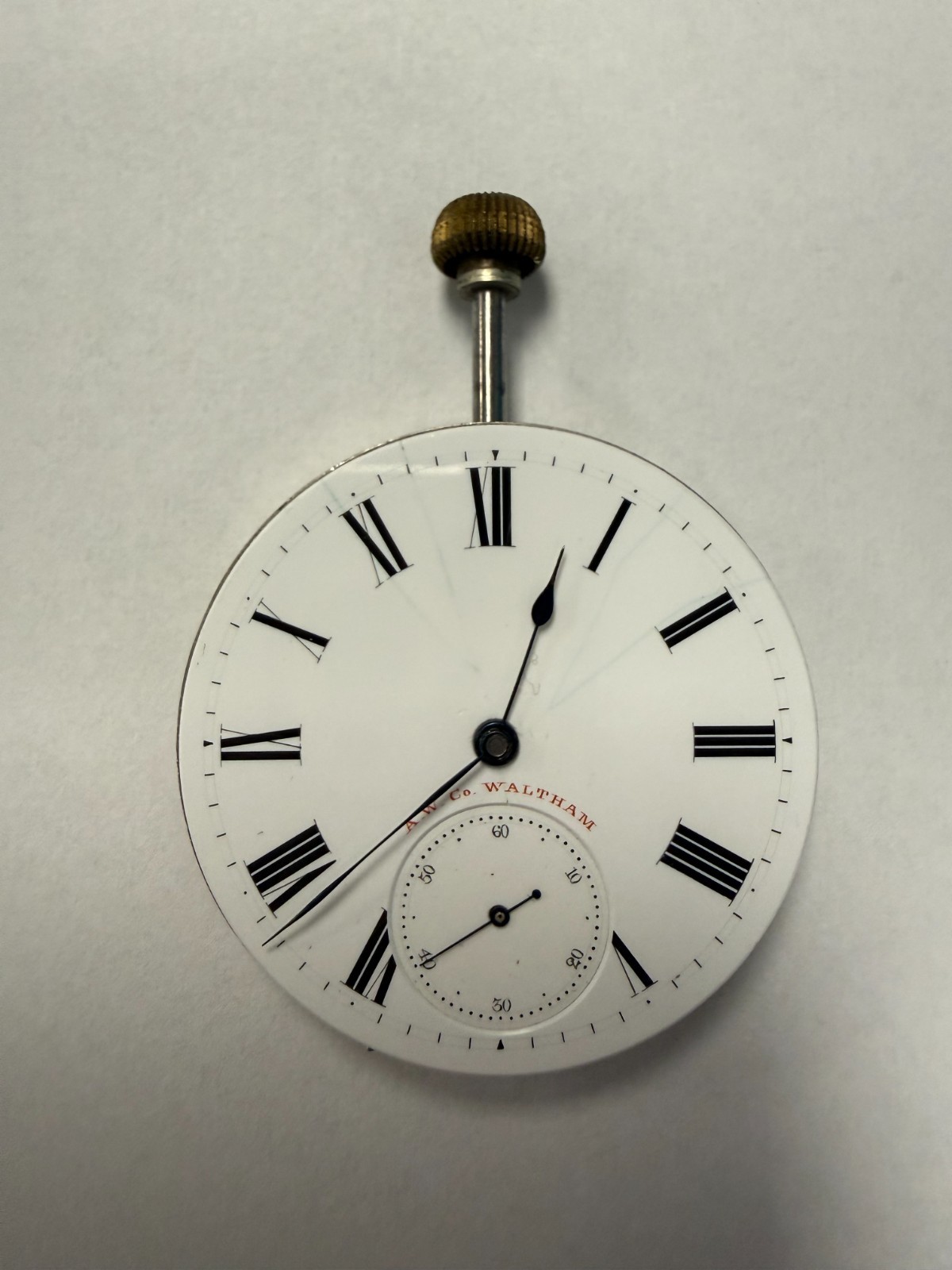 A.W.W. Co. Waltham Pocket Watch Movement RUNNING with Crown Excellent Condtion
