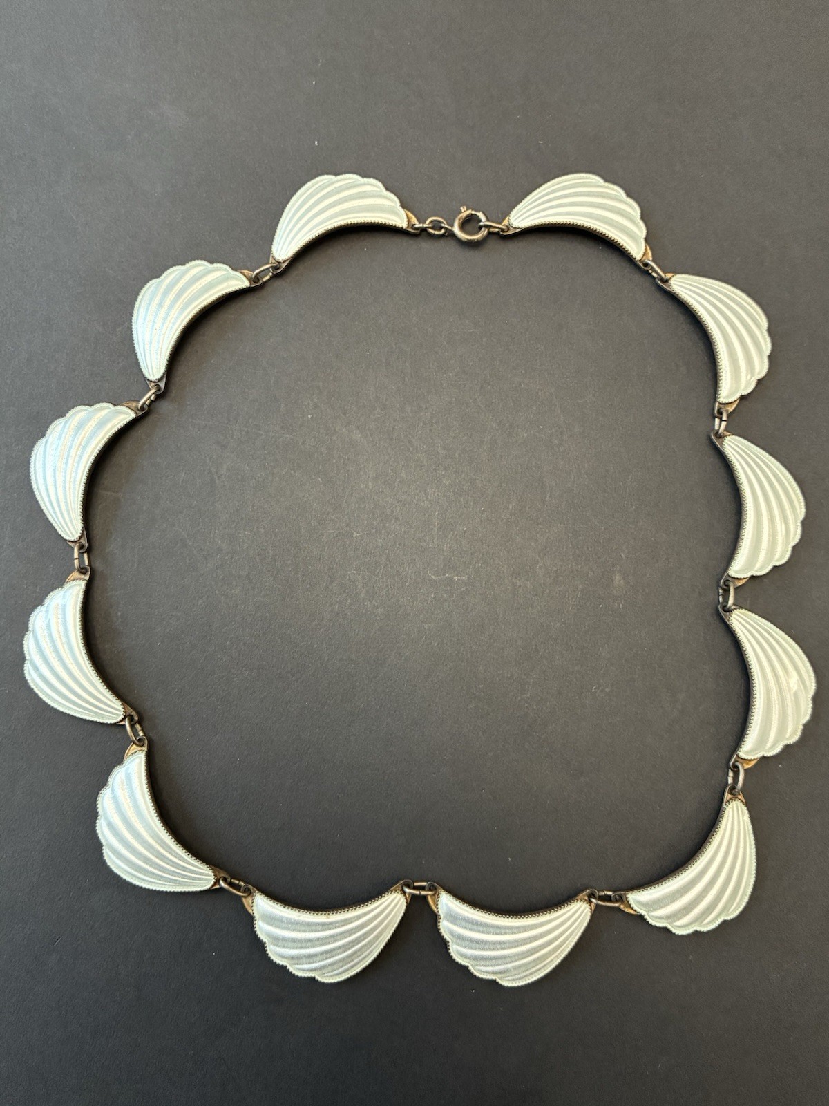 Elvik & Co 925S White Gold Wash Guilloché Enamel Scalloped Shell-Motif Necklace