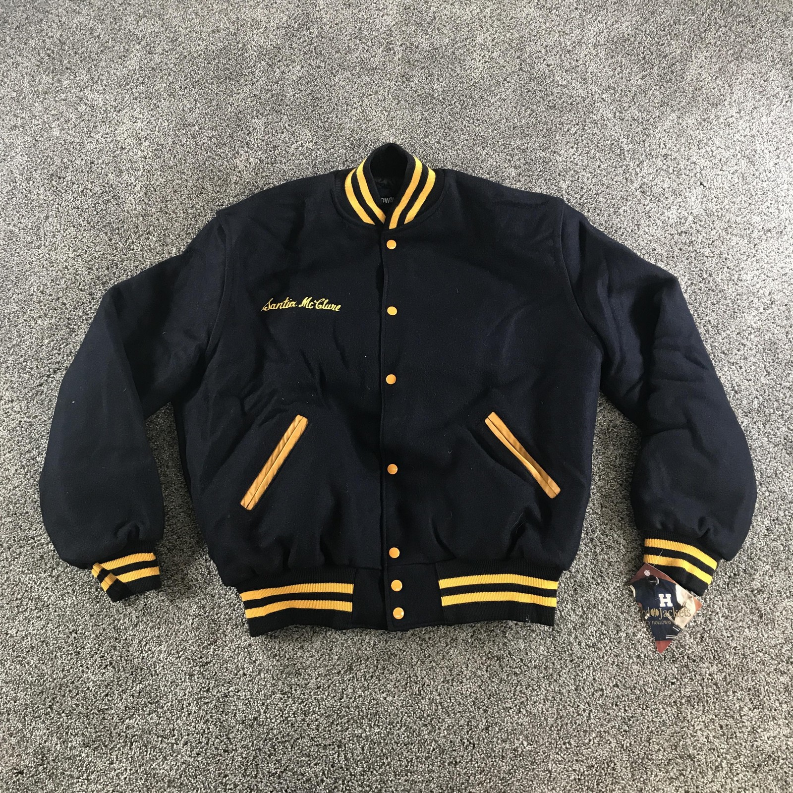 Vintage Holloway Varsity Jacket Mens XL Black Gold Wool Quilted Snaps Karrot Top