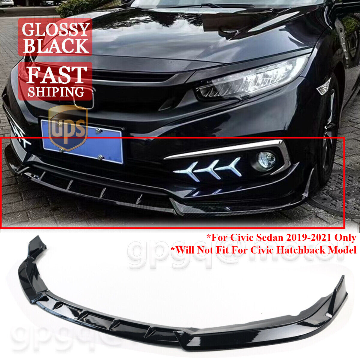 For Honda Civic Sedan 2019-2021 Glossy Black GT Style Front Bumper Lip Splitter