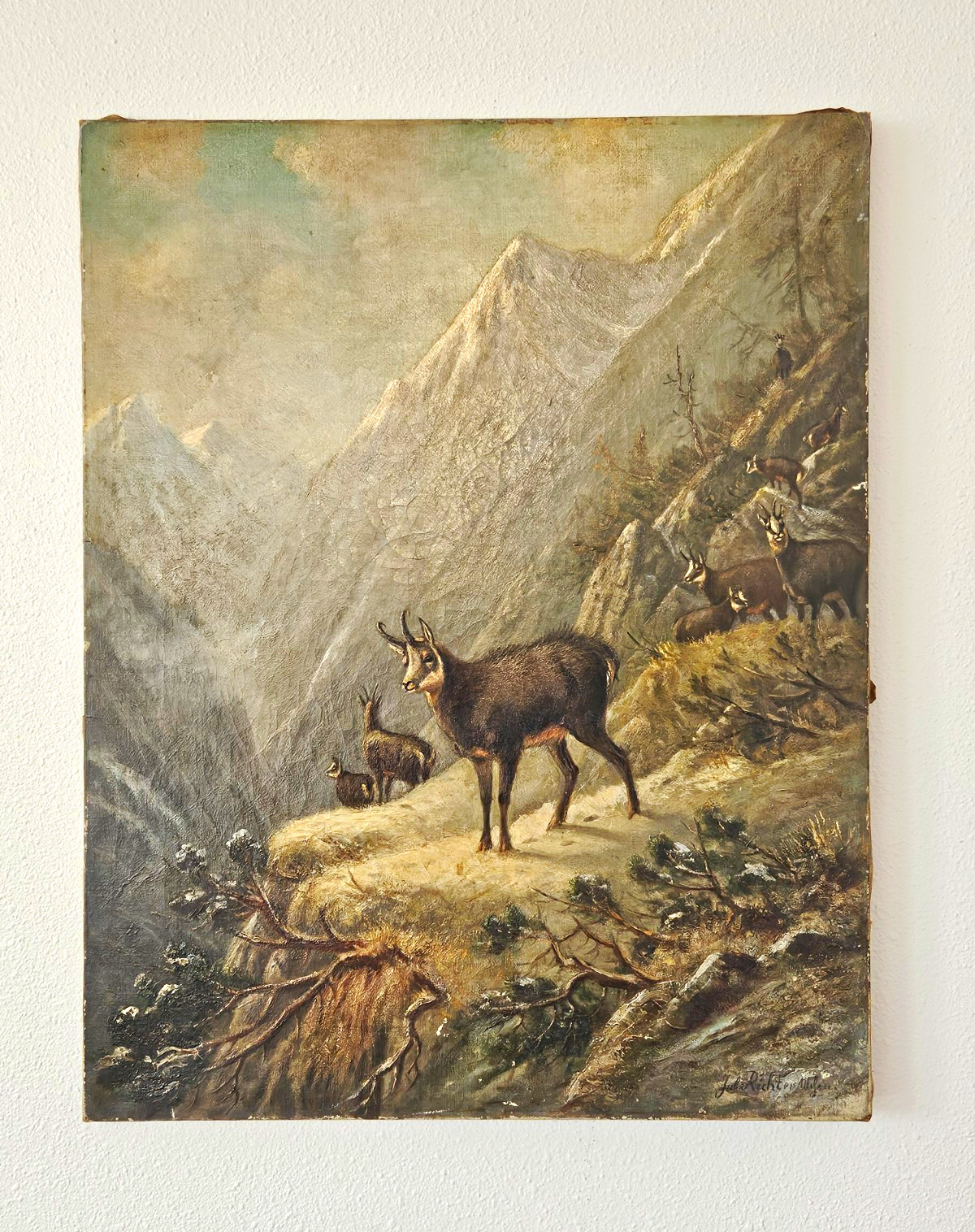 Antique Original c1880s Julius Richter Munich Oil Painting Alpine Chamois Canvas Antique Original c1880s Julius Richter Munich Oil Painting Alpine Chamois Canvas