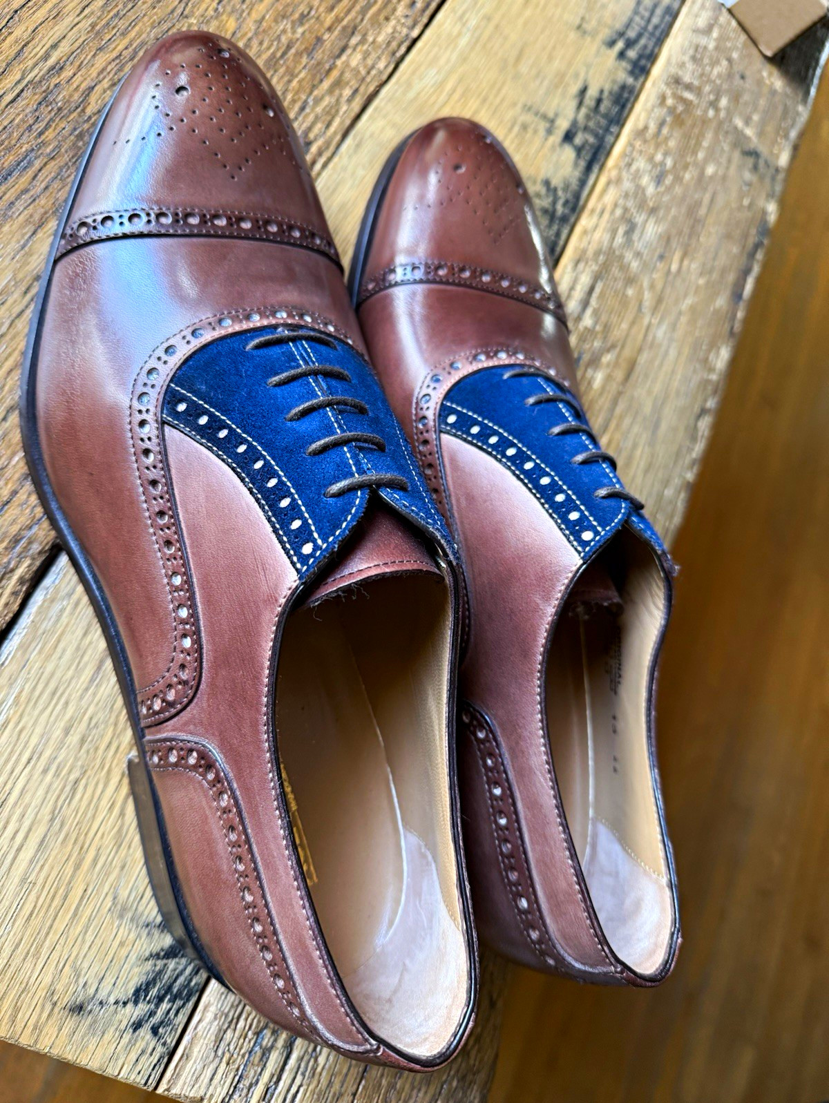 J.C. Marks Men\'s Leather Cap Toe Brogue Oxford Dress Shoes Brown/Blue US 13