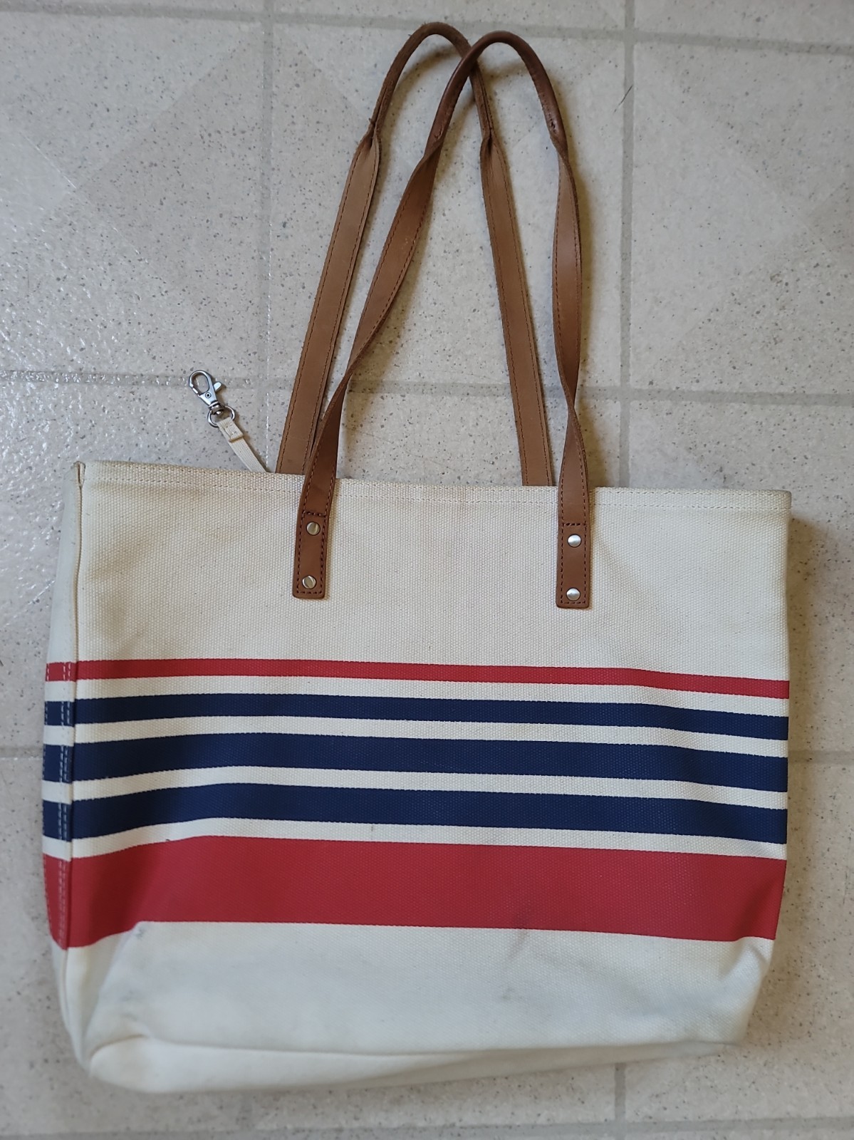 Vtg LL Bean Boat N Tote Canvas Bag Large Red White Blue Leather Handles Striped