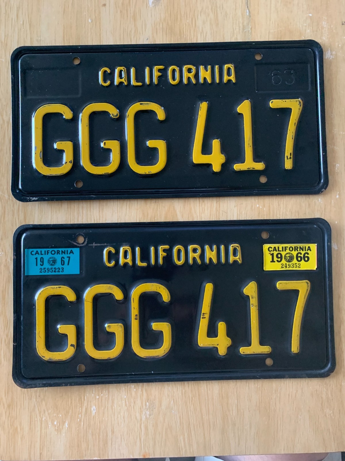 California 1963 Black License Plate Pair DMV Clear GGG 417 66, 67 Stickers