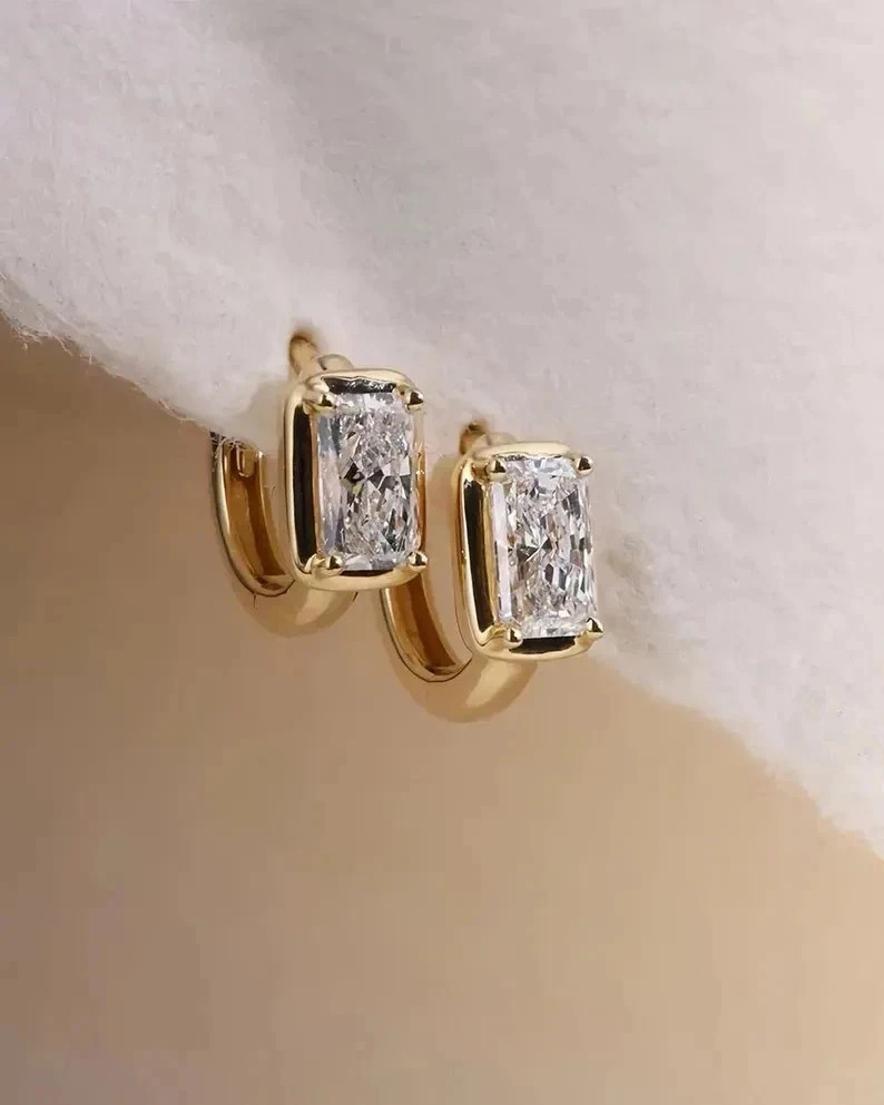 2TCW Radiant Cut Lab Created Diamond Huggie Hoop Earrings 14k Yellow Gold Plated