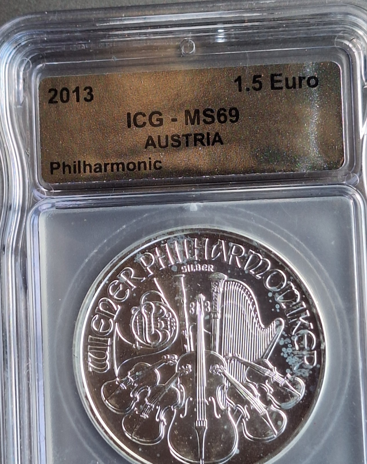 2013 Austria 1.5 Euro Silver Philharmonic 1 oz .999 Fine ICG MS69 Bullion 