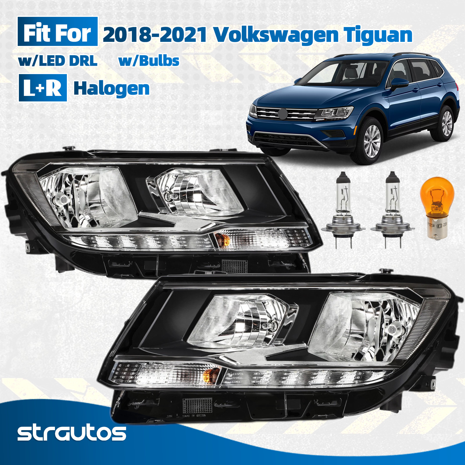 For 2018-2021 Volkswagen Tiguan Halogen w/ LED DRL Headlight Left+Right Pair For 2018-2021 Volkswagen Tiguan Halogen w/ LED DRL Headlight Left+Right Pair