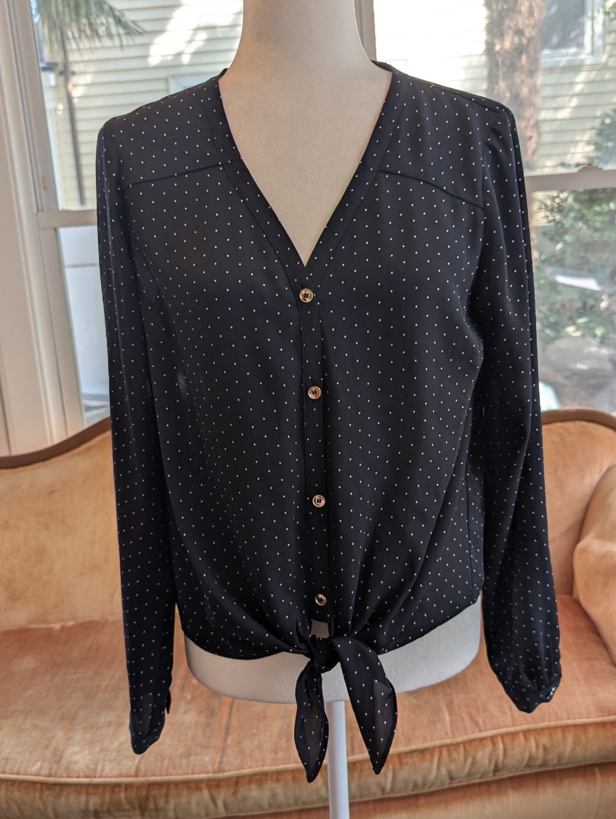 Women\'s Navy Blue White Polka Dot Long Sleeve Blouse The Limited Size M Casual 