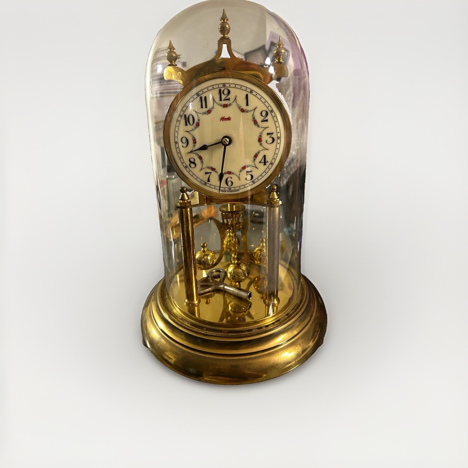 Kundo Anniversary Torsion Clock Mechanical Gold Tone Glass Dome Arabic Dial
