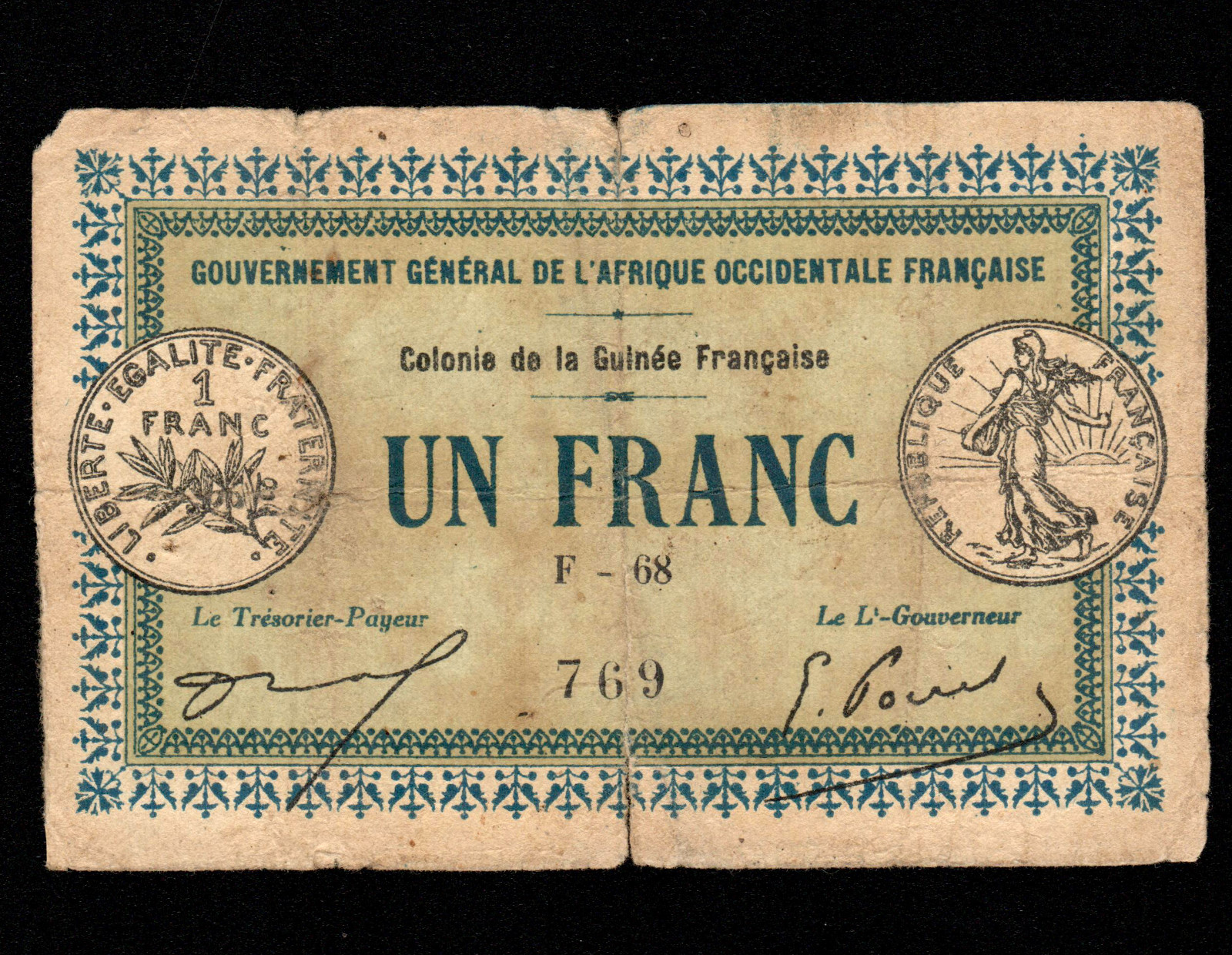 French Guinea 1 Franc 1917  P-1  * FRENCH ADMINISTRATION * RARE *
