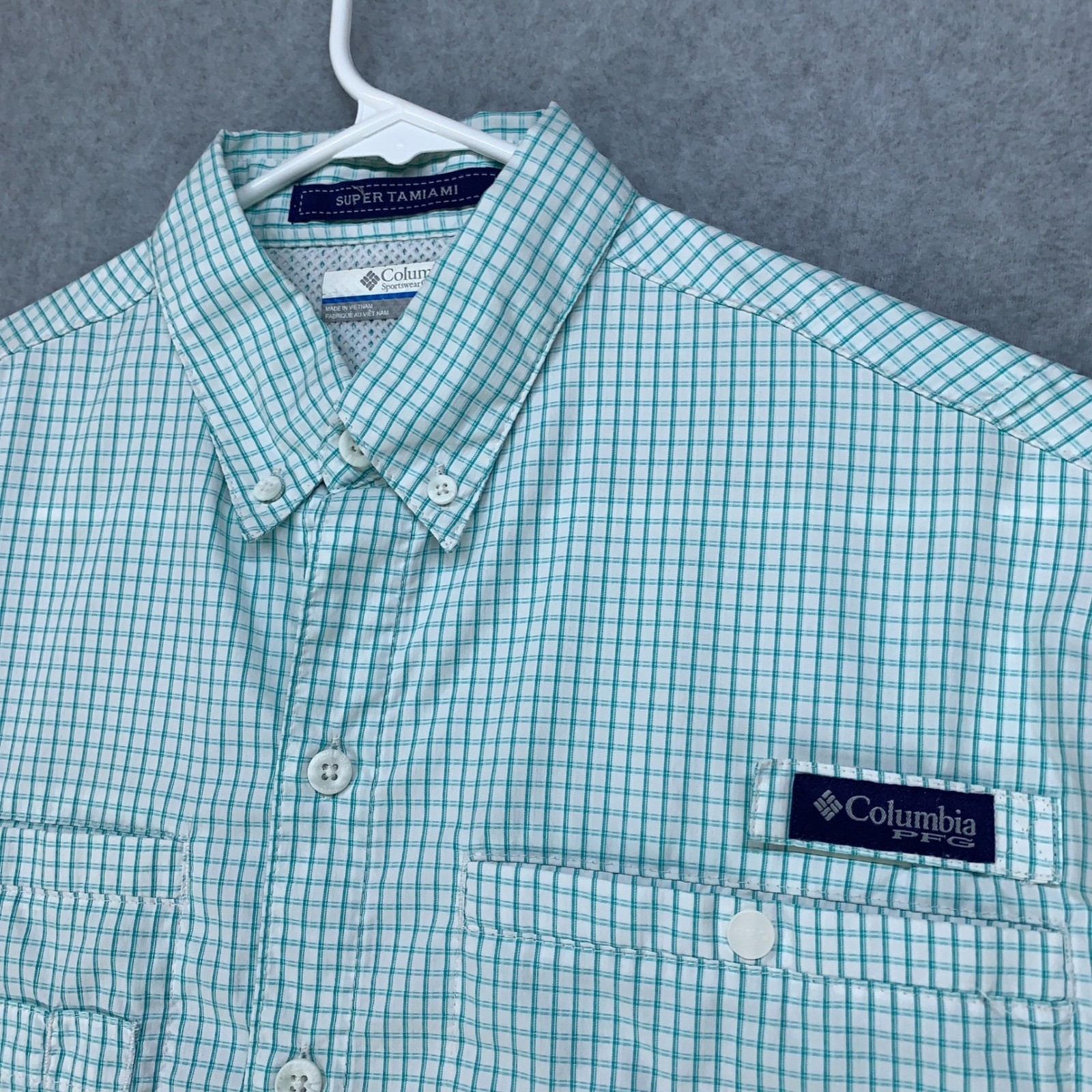 Columbia PFG Super Tamiami Shirt Mens Small Teal Plaid Omni-Shade FM7189