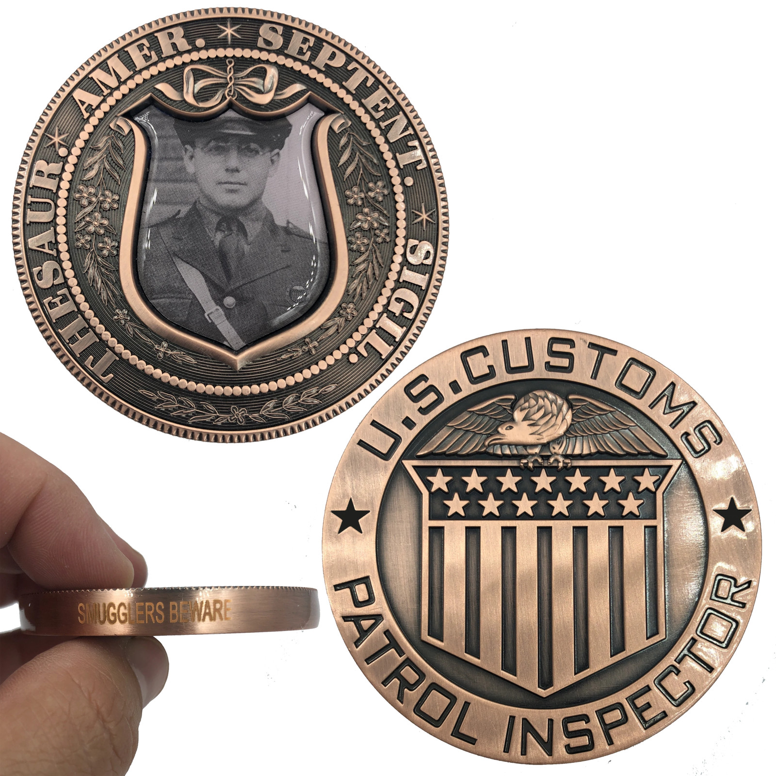 JJ-019 Smugglers Beware Vintage U.S. Customs Patrol Inspector Large Copper Chall JJ-019 Smugglers Beware Vintage U.S. Customs Patrol Inspector Large Copper Chall