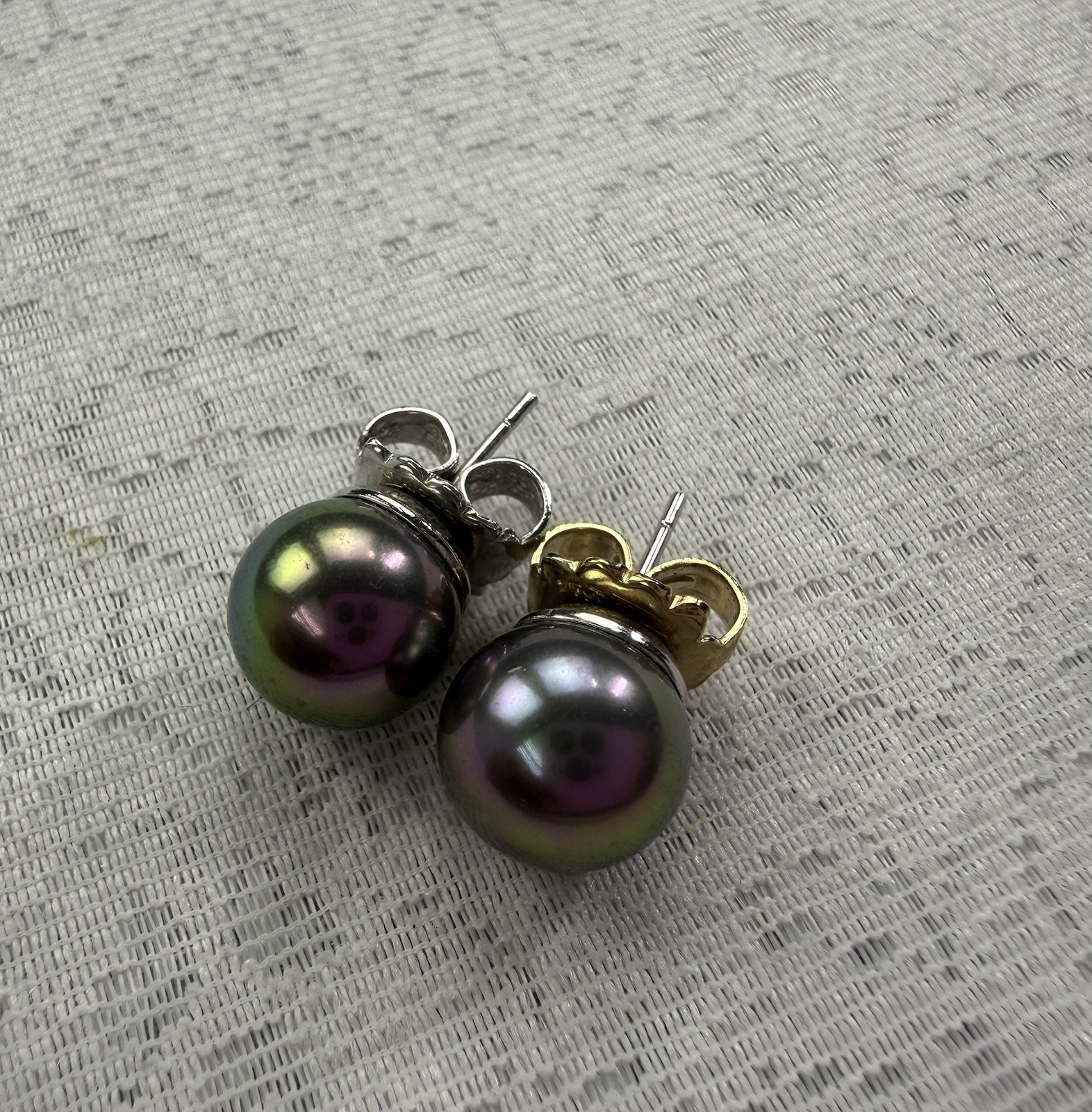 Signed Majorca Iridescent Black Faux Pearl Sterling Silver Stud Earrings 8mm 925