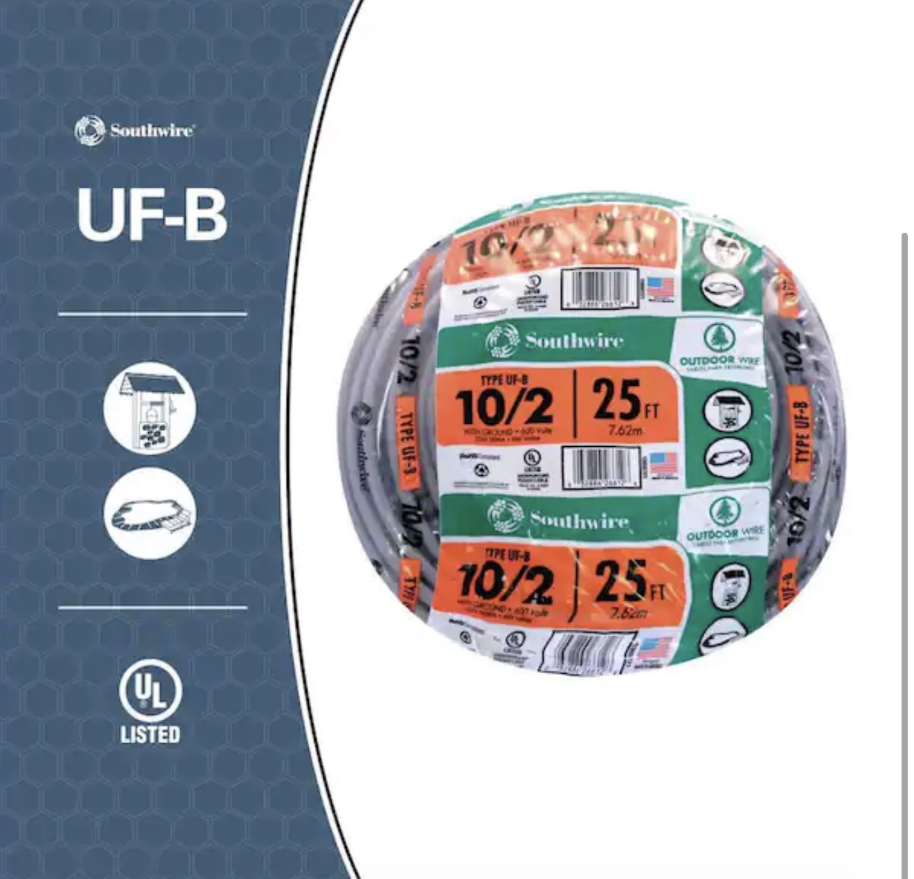 Southwire 25ft 10 AWG 3-Conductor Electrical Wire Type UF-B 10/2 Southwire 25ft 10 AWG 3-Conductor Electrical Wire Type UF-B 10/2