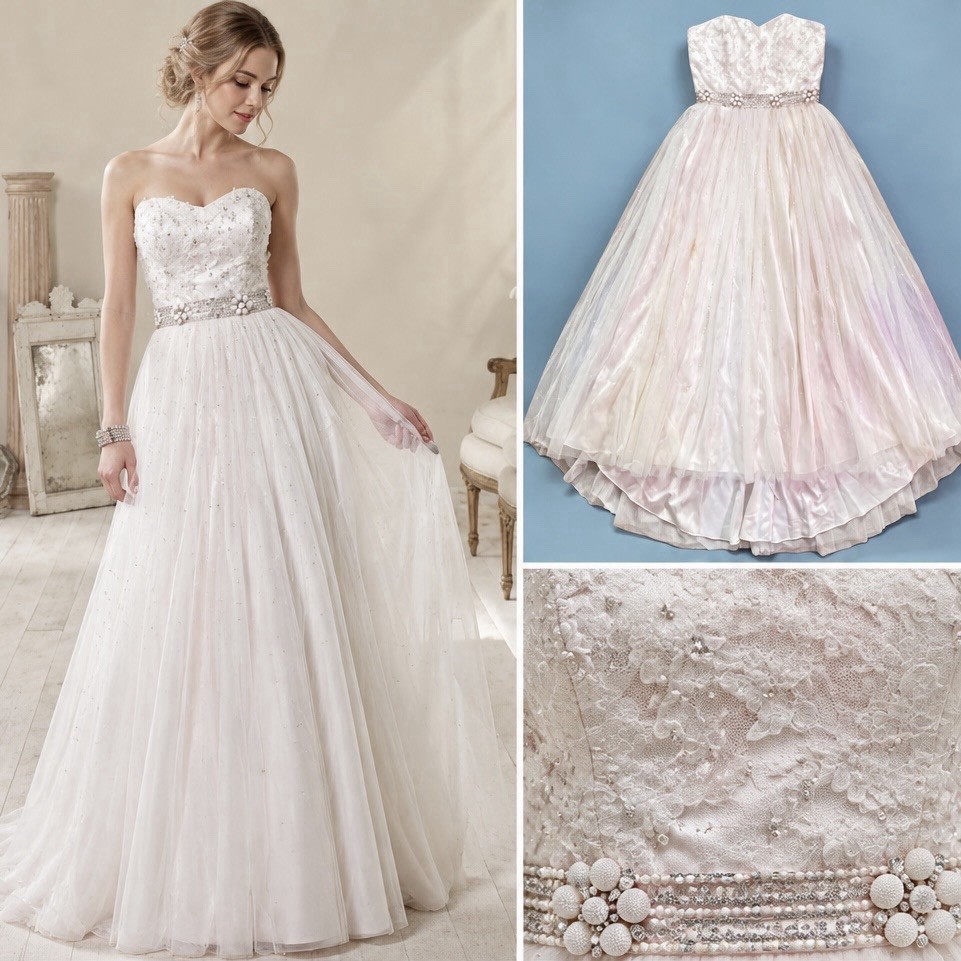 Alfred Angelo Wedding Dress 12 Ivory Silver Strapless Beaded Ball Gown Y2K Lace