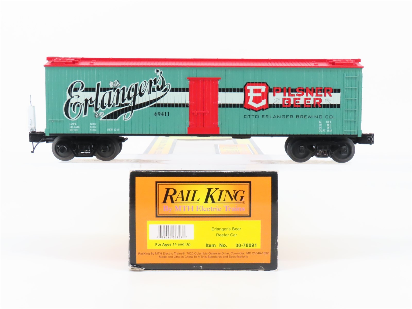 O Gauge 3-Rail MTH Rail King 30-78091 Erlanger\'s Beer Reefer #69411 w/ ETD