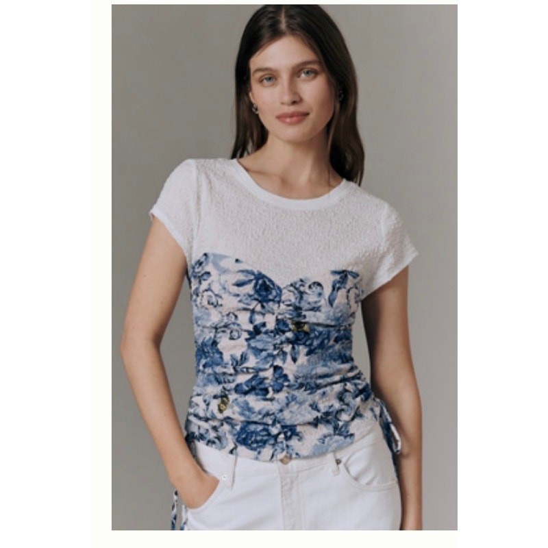 Maeve for Anthropologie Ruched Short Sleeve Top with Embroidered Bee Details