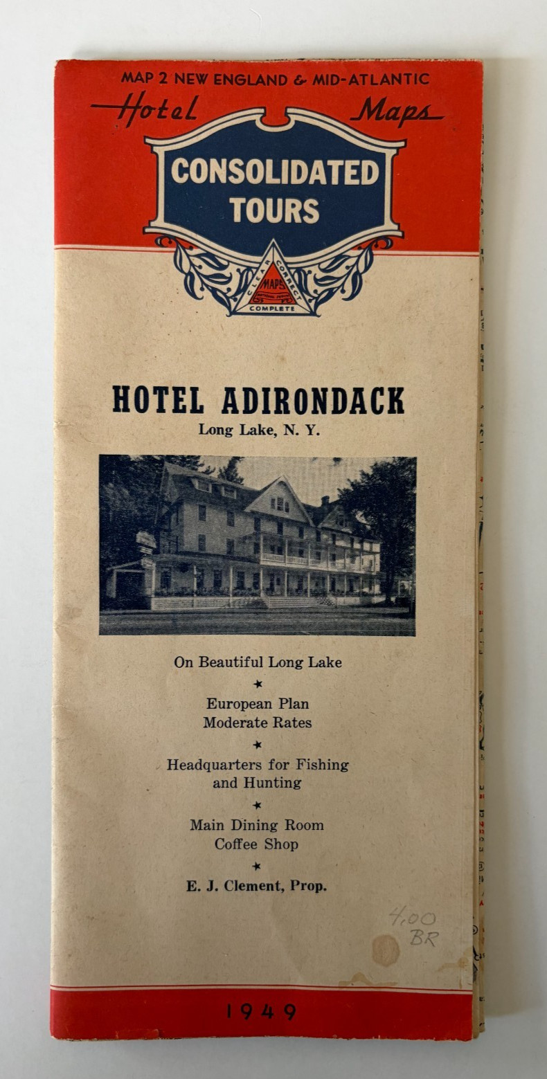 1949 Long Lake New York Hotel Adirondack Consolidated Tours Hotel Road Map