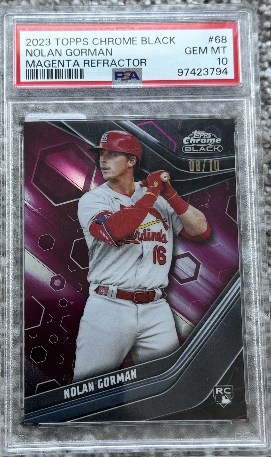 2023 Topps Chrome Black Nolan Gorman RC Pink # /10 #68 Cardinals PSA 10